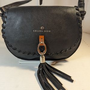 Celine Dion Purse Crossbody Black Leather Tassel Braided Silver Hardware Gothic